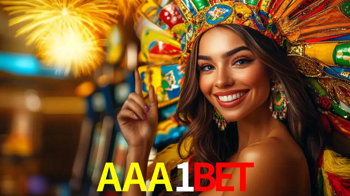 Mulher sorridente com um cocar de carnaval vibrante e colorido, celebrando uma grande vitória nos jogos do cassino AAA1BET com fogos de artifício ao fundo.