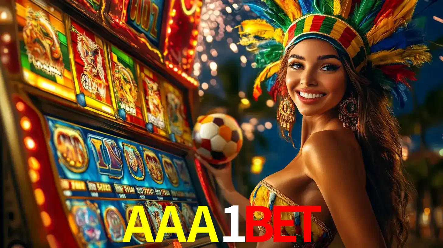 Mulher com um cocar de carnaval ao lado de uma máquina de caça-níqueis enquanto segura uma bola de futebol, mostrando a união da diversão de cassino e esportes no AAA1BET.