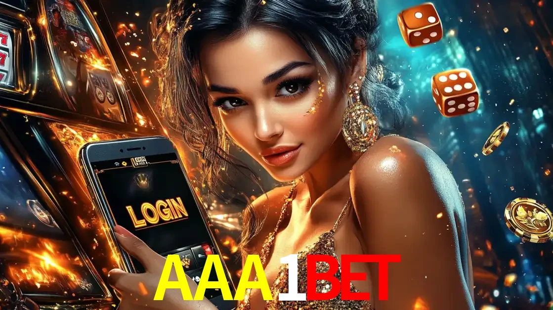 Mulher glamourosa segurando um celular com a tela de login do cassino AAA1BET, rodeada por dados e moedas douradas, pronta para começar a diversão.