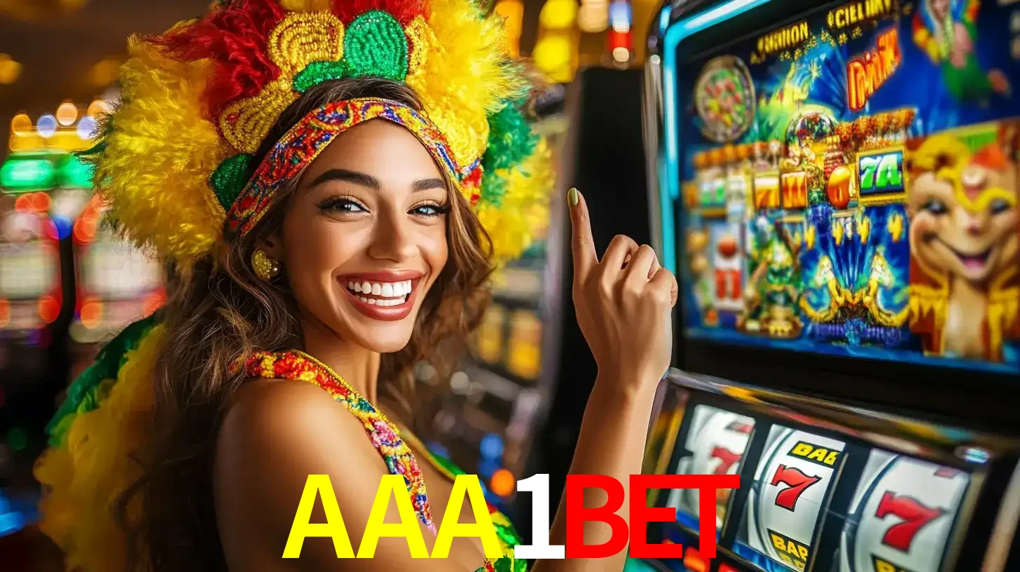 Mulher animada com um cocar de carnaval apontando para uma máquina de caça-níqueis, mostrando a emoção de ganhar um grande prêmio nos jogos do AAA1BET.