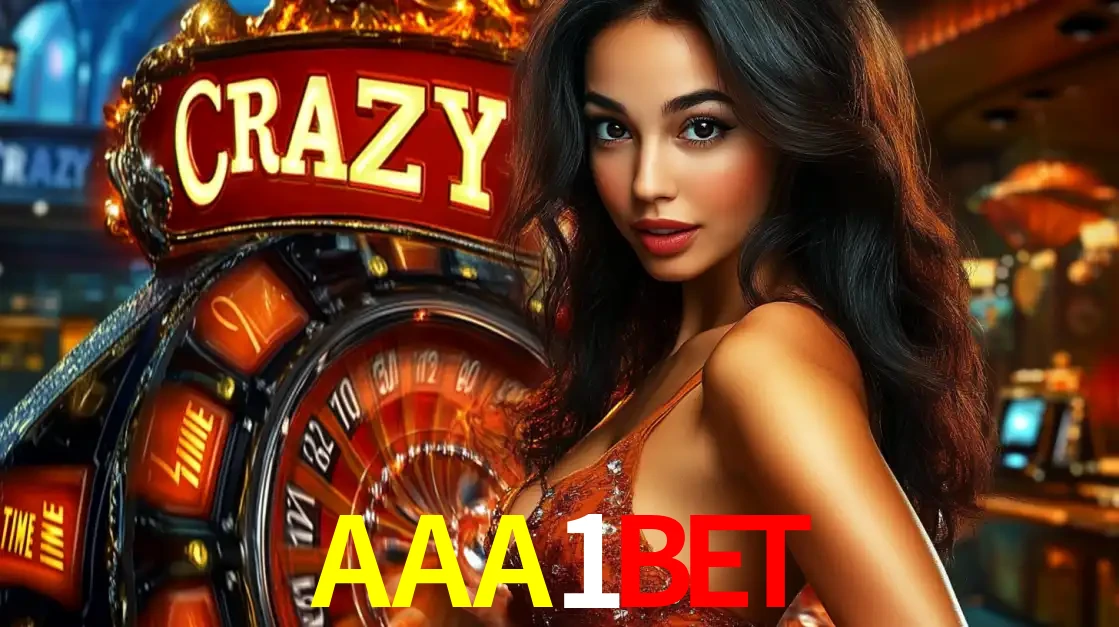 Mulher glamourosa olhando para a câmera com a roda vermelha do Crazy Time ao fundo em um ambiente de cassino, destacando a emoção dos jogos ao vivo no AAA1BET.