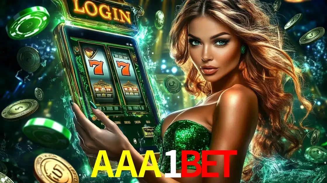 Mulher com tema verde apresentando o aplicativo do cassino AAA1BET com um jogo de slot de 777, cercada por fichas de cassino e uma aura de sorte.