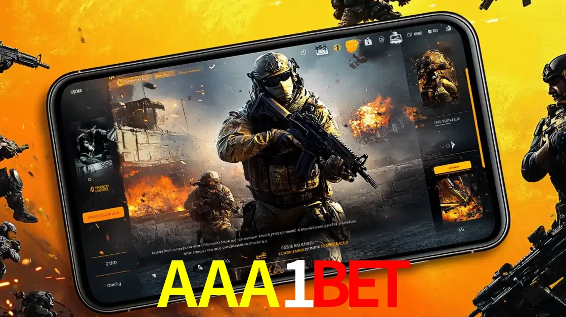 Um smartphone exibindo a interface de um jogo de tiro em primeira pessoa, com um soldado em um cenário de batalha, representando a ação dos e-sports para apostar no AAA1BET.