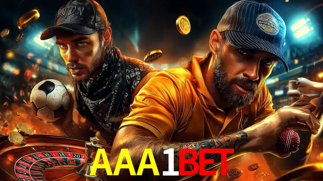 Montagem de apostas esportivas e cassino no AAA1BET, com um homem segurando uma bola de futebol e outro uma de beisebol sobre uma roleta e moedas voadoras.