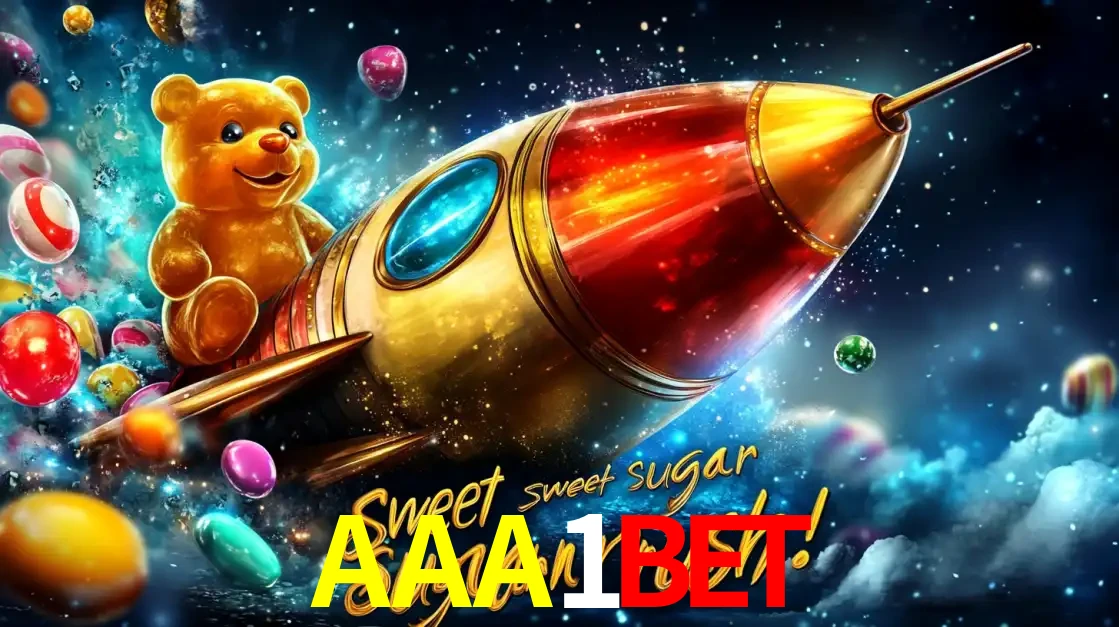 Arte promocional do jogo de slot Sugar Rush, com um urso de pelúcia em um foguete viajando pelo espaço de doces, um dos jogos divertidos disponíveis no cassino AAA1BET.