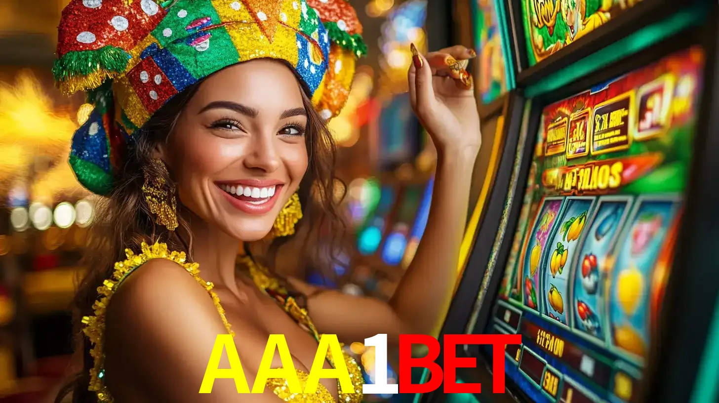 Mulher feliz com traje de carnaval amarelo e colorido ao lado de uma máquina de caça-níqueis, aproveitando a diversão e os jogos temáticos do cassino AAA1BET.