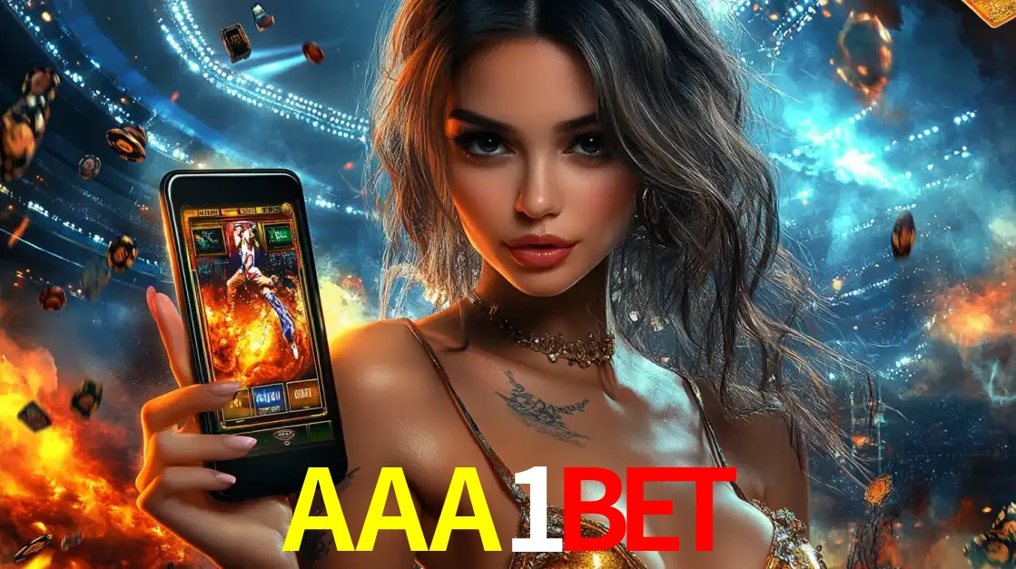 Mulher segurando um celular com um jogo de slot em destaque, tendo como fundo um estádio vibrante, simbolizando a emoção de jogar no cassino móvel AAA1BET.